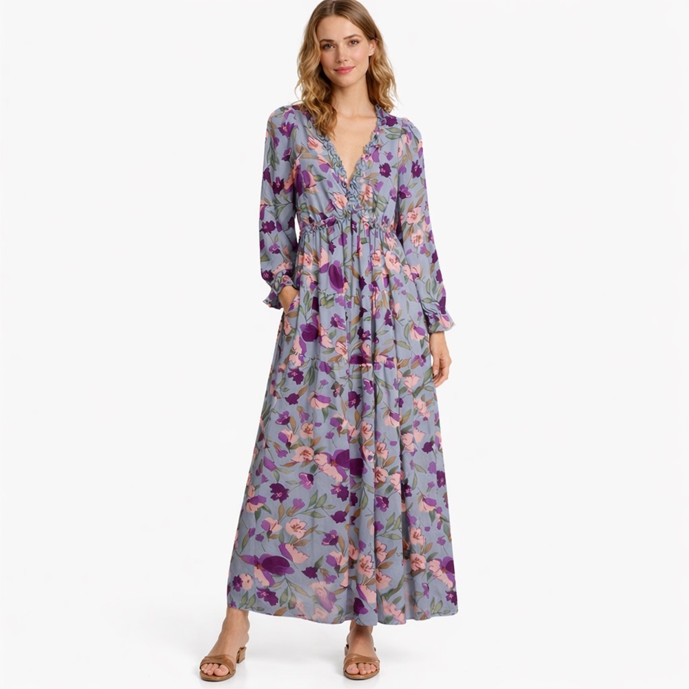 Boutique Floral Maxi Dress | Blue Purple Boho | Size Small